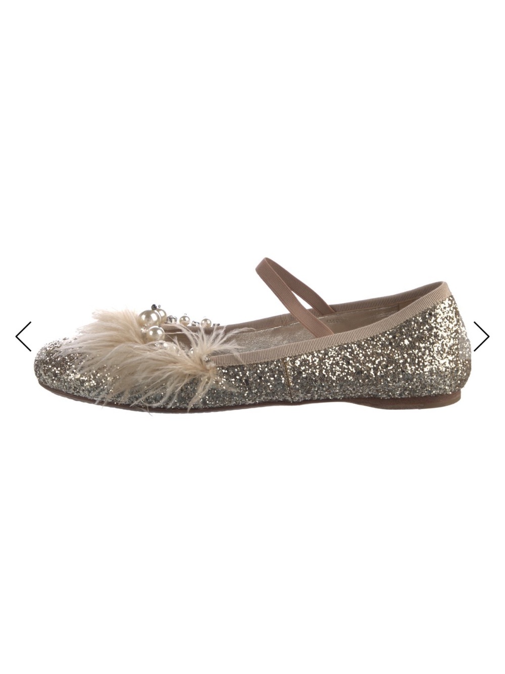 Miu Miu Glitter Crystal Embellished Pearls Feather Mary Jane Flats Gold US 11